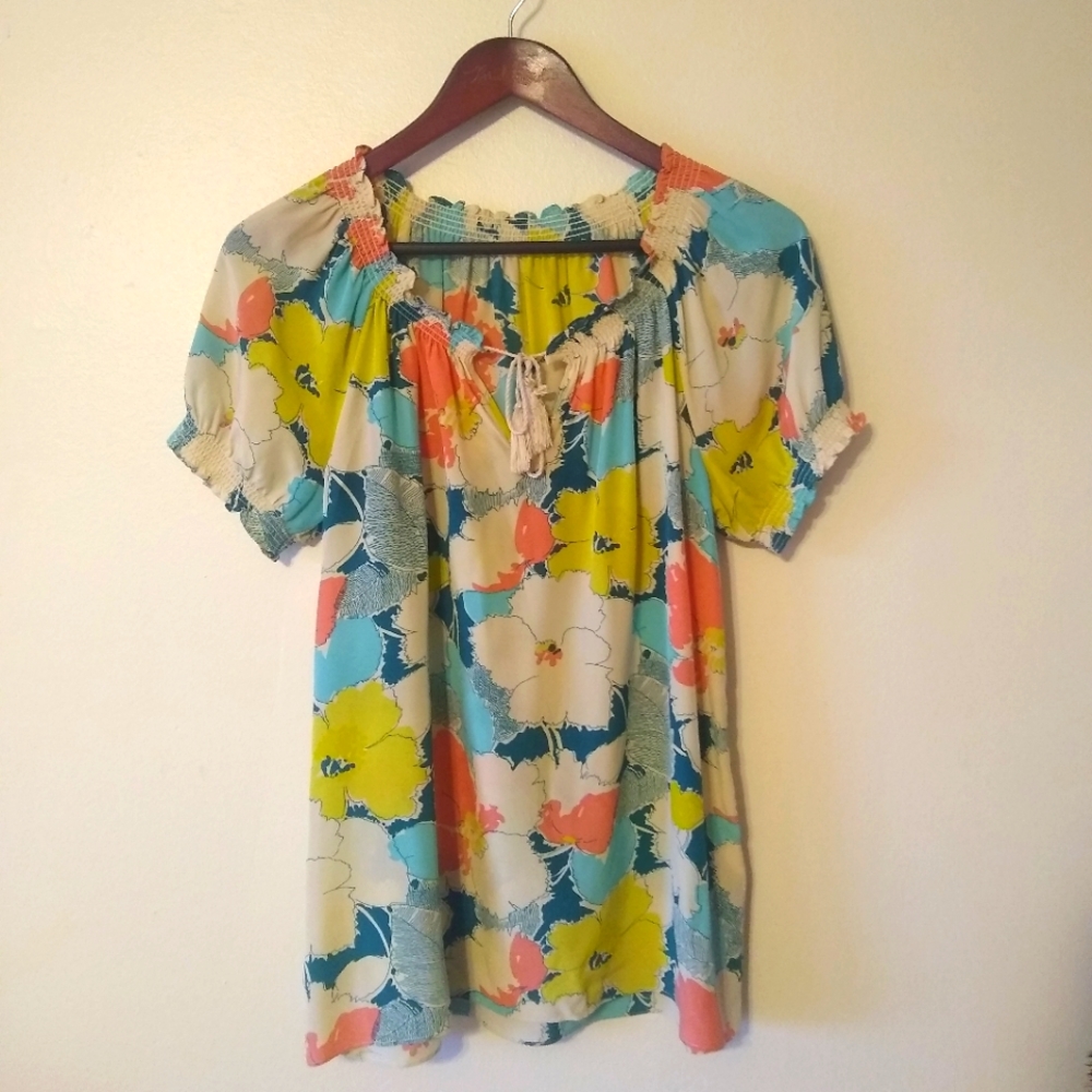 Joie | Colorful Abstract Retro-Inspired Floral Silk Peasant Blouse Top
